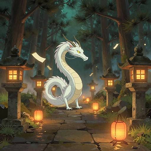 Mystical White Dragon on Lantern-Lit Forest Path
