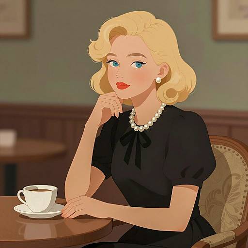 Elegant Blonde Woman in Black Dress with Coffee