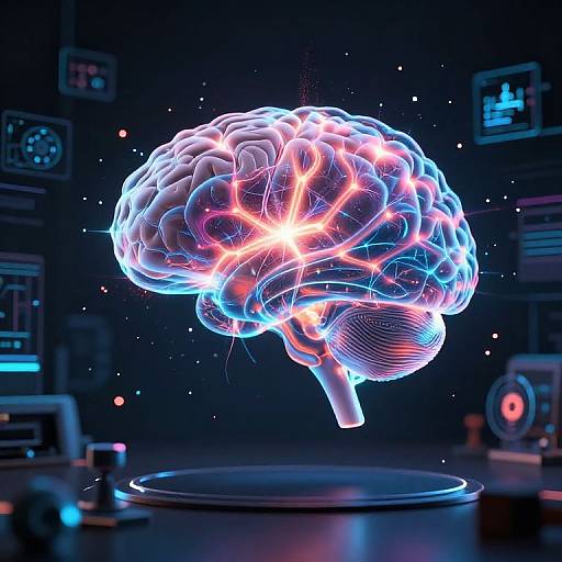 Digital art of a glowing, neon-blue and pink brain floating in a dark, futuristic lab with holographic screens and equipment.