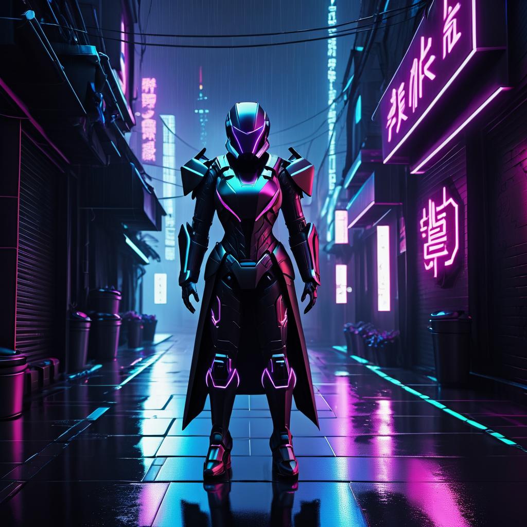 Sleek Robot Assassin in Rainy Alley