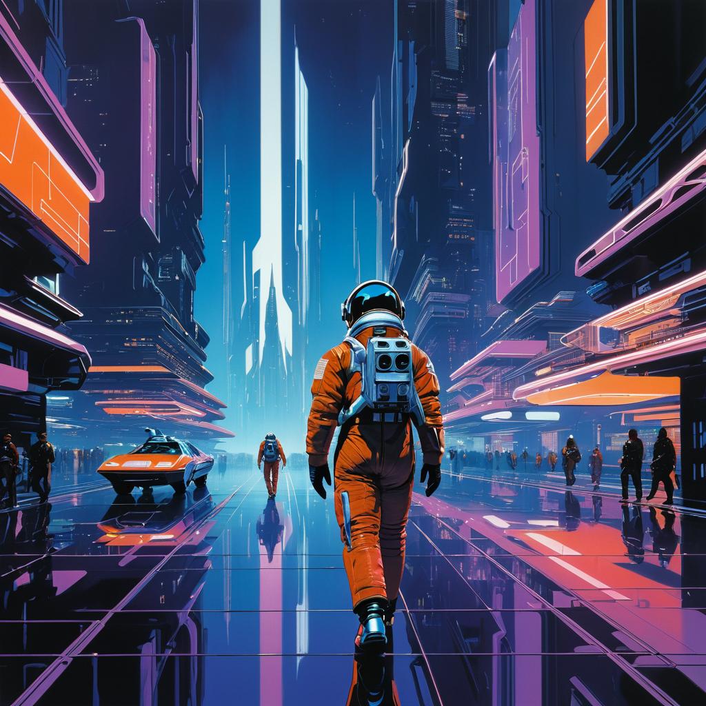 Astronaut in Futuristic Neon Cityscape