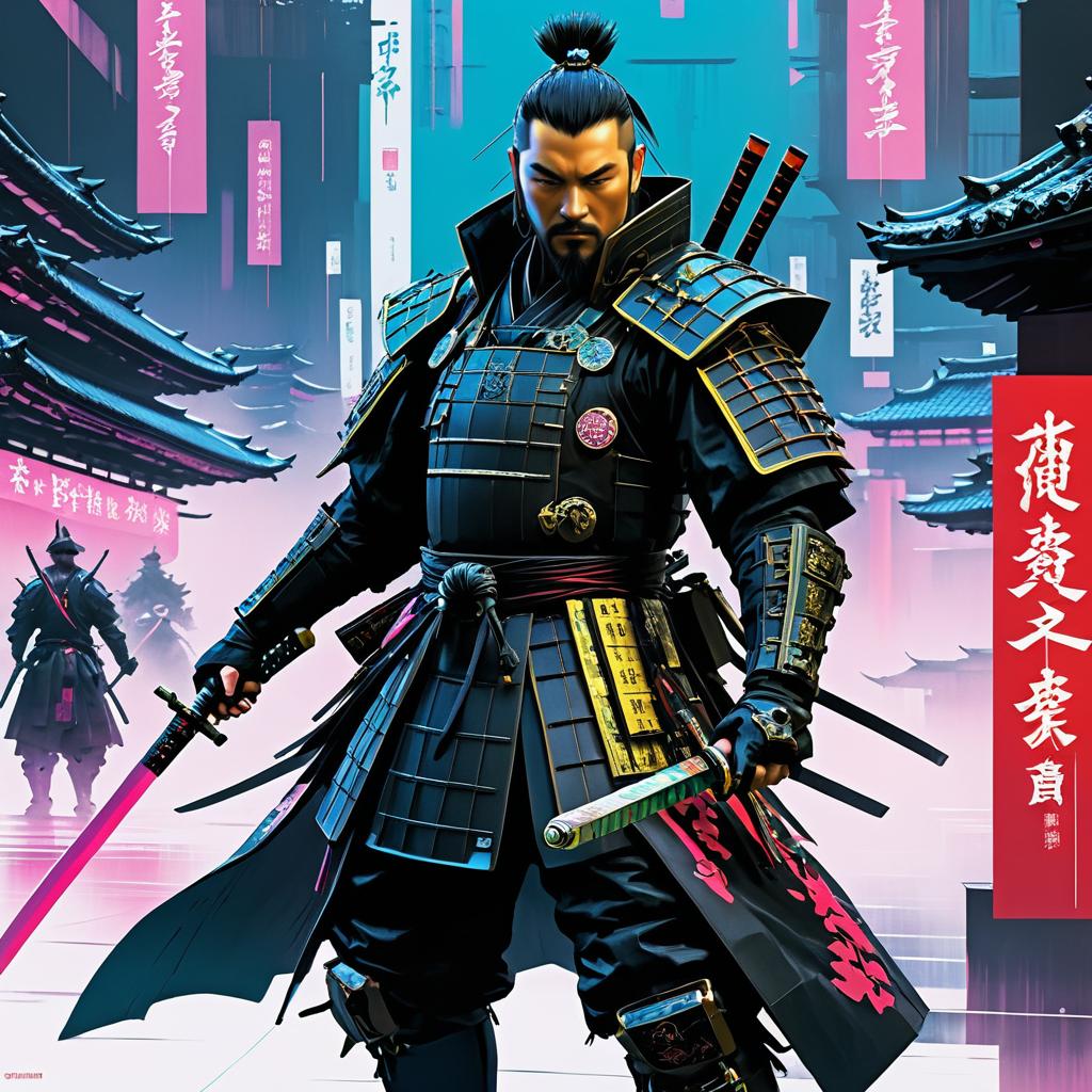 Futuristic Samurai in Cyberpunk Landscape