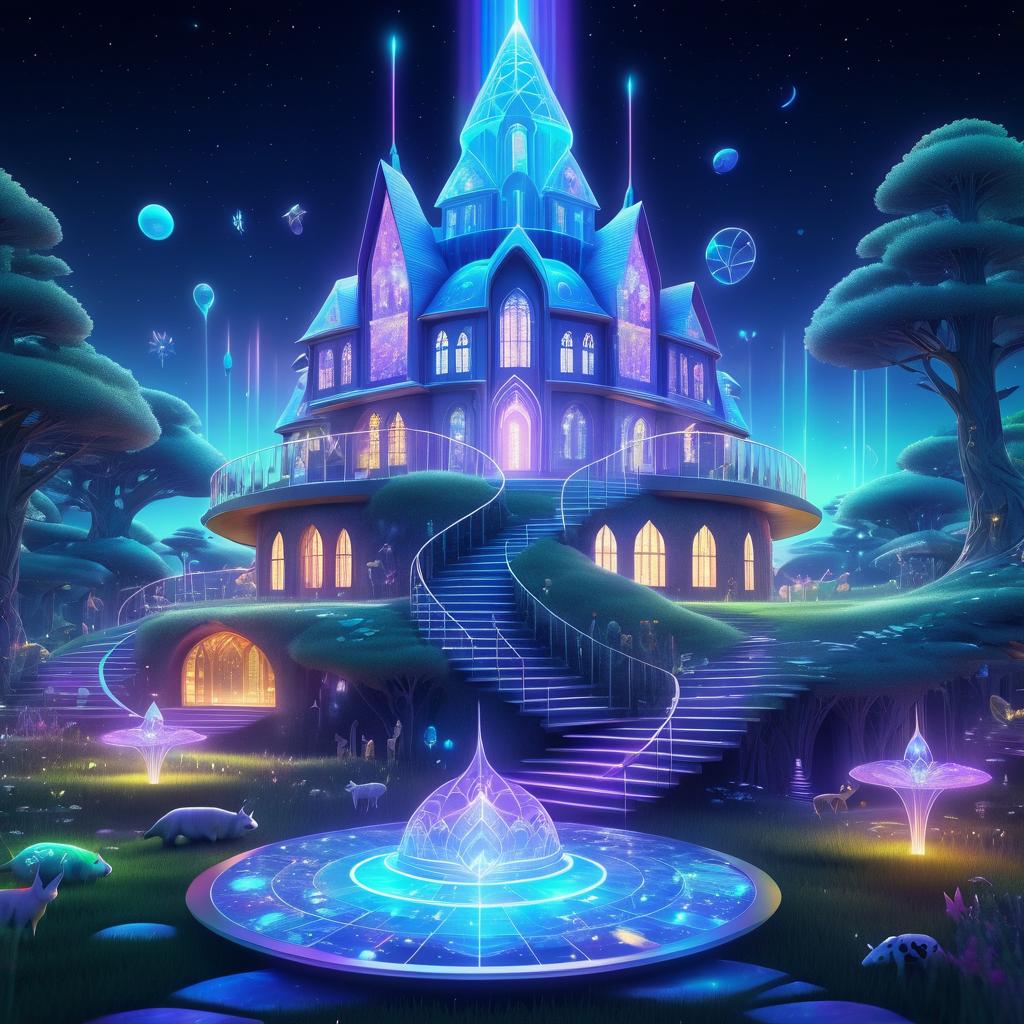 Fantasy Holographic Village with Glowing Staircase