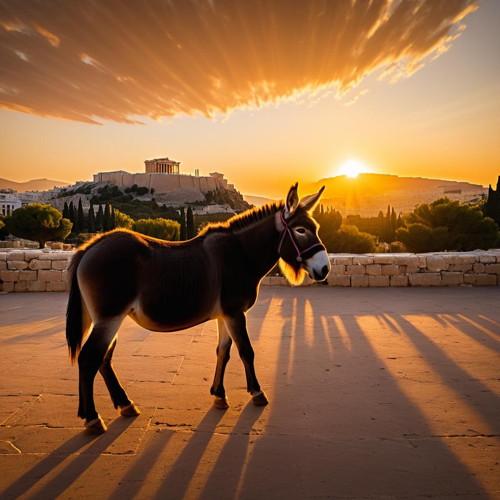 Majestic Sunset Over Acropolis with Donkey