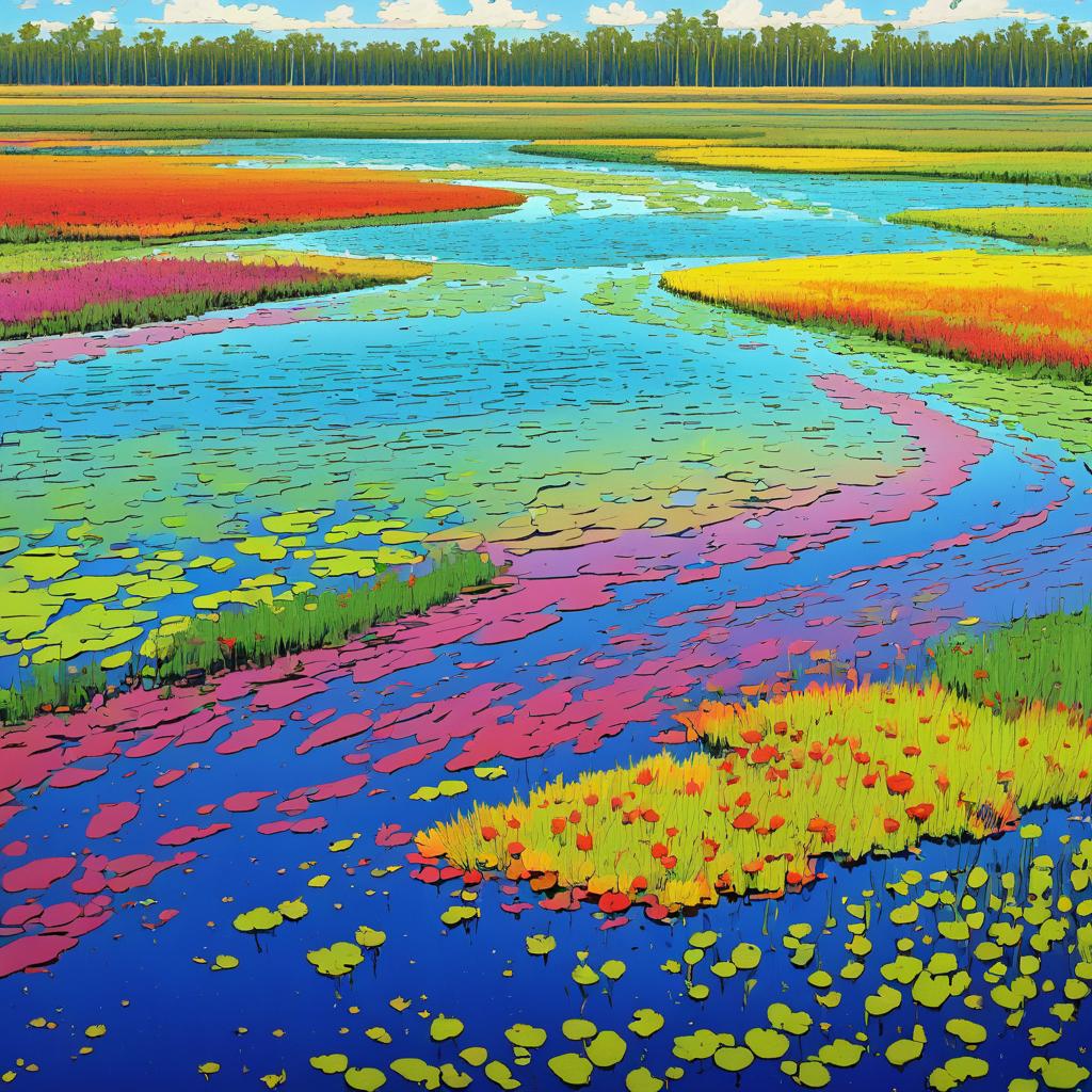 Vibrant Marshy Delta Under Sunny Skies