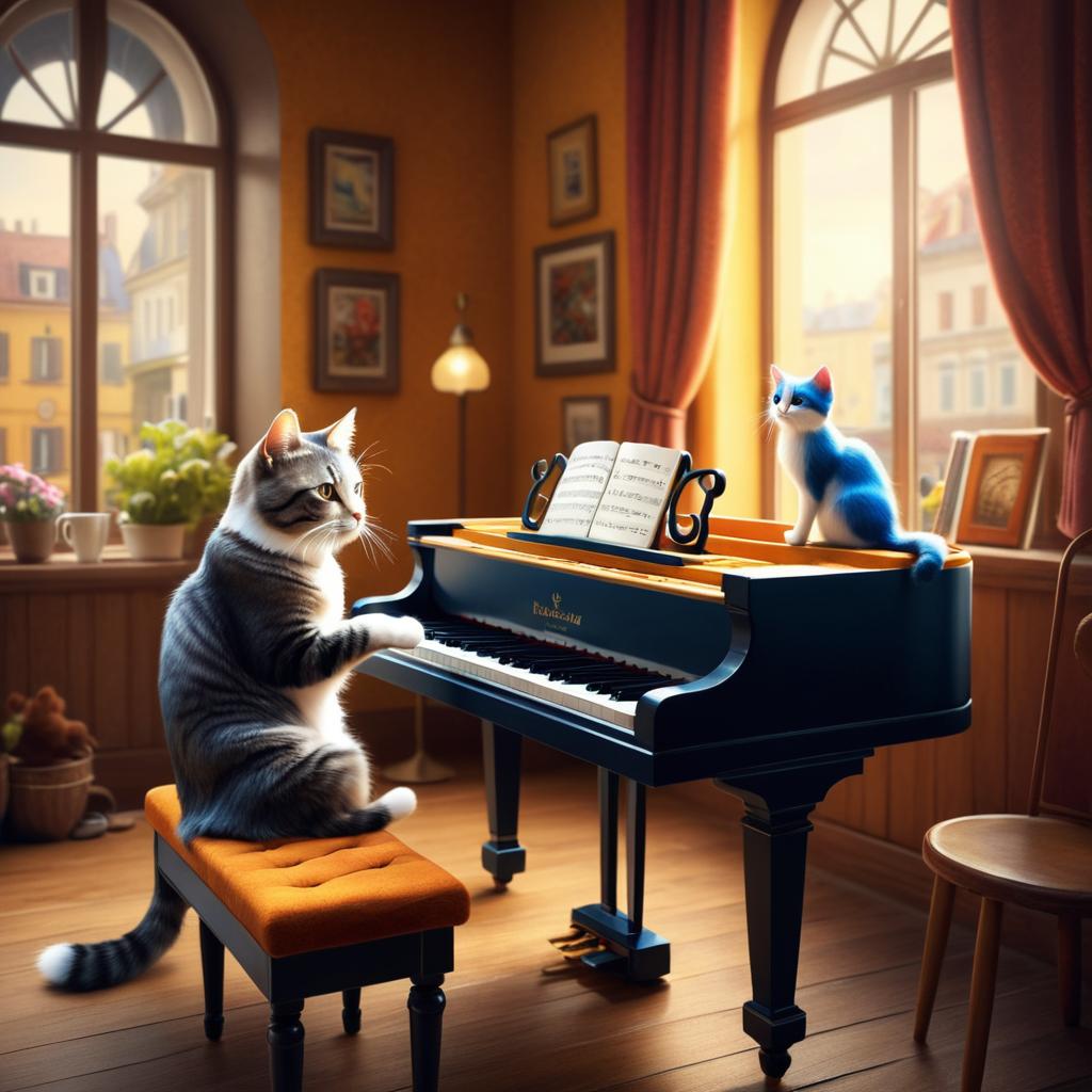 Whimsical Cat Piano Player Illustration