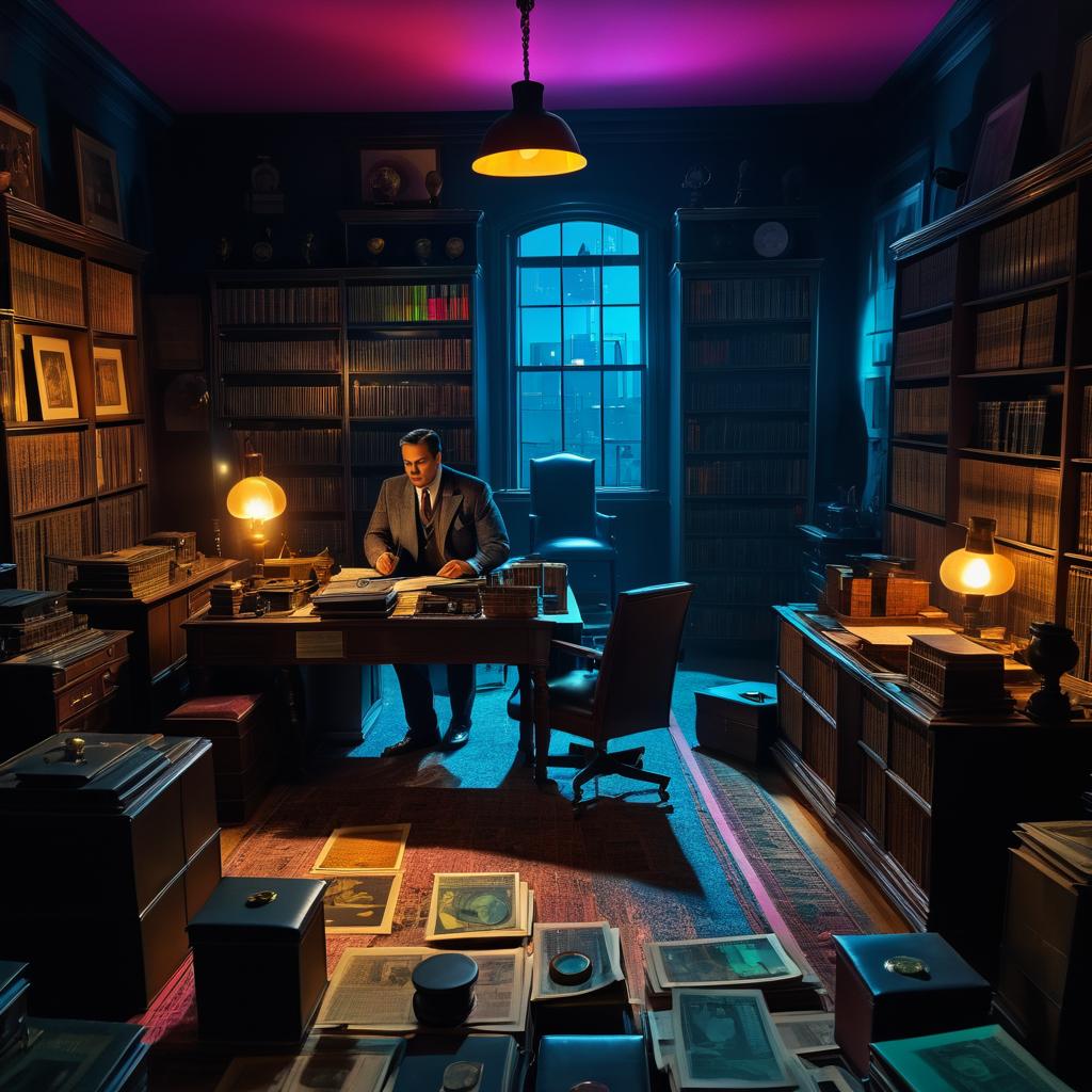 Vibrant Detective Scene in Dim Office