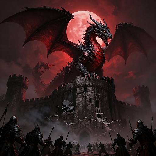 Digital fantasy artwork: A black dragon with red wings perched on a dark stone castle, surrounded by armored warriors under a blood-red moon.