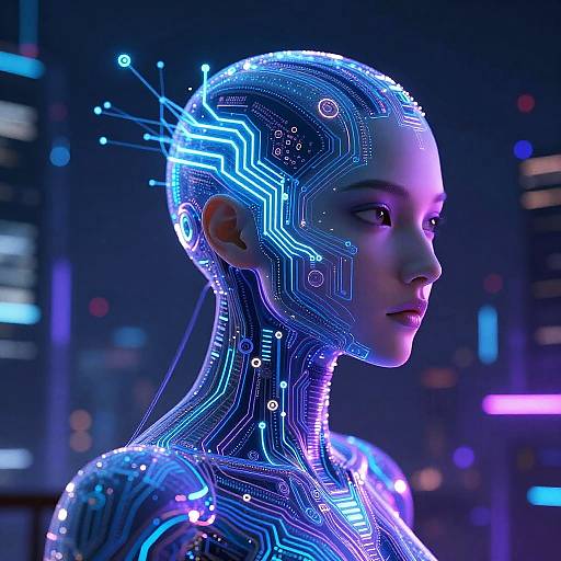 Digital art of a futuristic, blue-lit, cybernetic woman with glowing circuitry patterns on her face and neck, set against a neon city