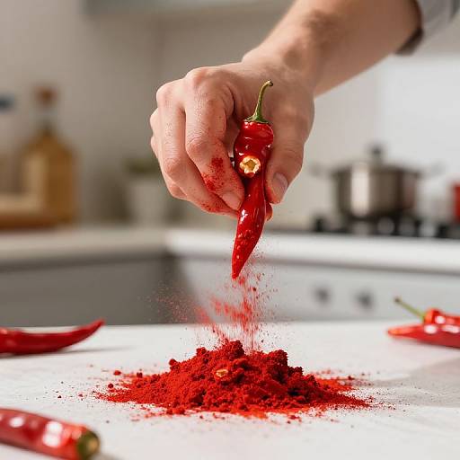 Photograph of a hand crushing a red chili pepper over a white countertop, scattering vibrant red chili powder, with blurred kitchen background and additional red ch