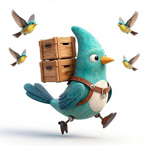 Digital illustration of a blue cartoon bird with brown harness, carrying wooden boxes, flying with four smaller birds surrounding it.