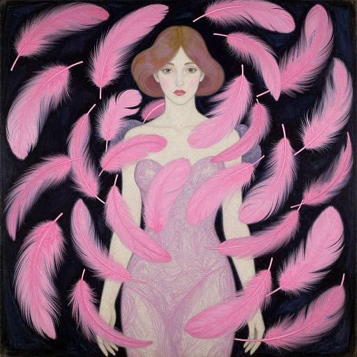 Digital art of a fair-skinned woman with red lips, brown bobbed hair, in a pink feathered dress, surrounded by floating pink feathers against