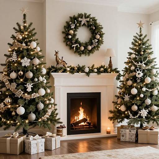 Photograph of a warmly lit living room with two decorated Christmas trees, a white fireplace, wreath, and gifts beneath.