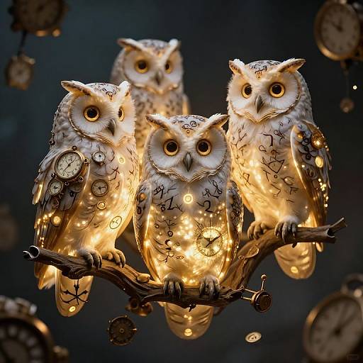 Photograph of four illuminated, decorative owls with white and brown feathers, adorned with clock gears, perched on a branch against a dark background.
