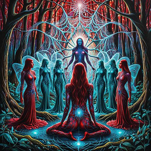 Mystical Gathering of Crystal Beings in Psychedelic Forest