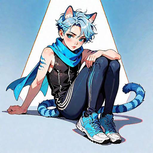 Blue-Cat Boy in Striped Bodysuit