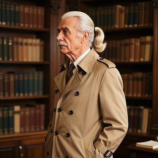 Photorealistic image of an elderly white man with white hair in a ponytail, mustache, wearing a beige trench coat, standing in a dim