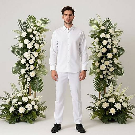 Photograph of a handsome man with short dark hair, wearing a white long-sleeve shirt and pants, standing between two lush floral arrangements with white