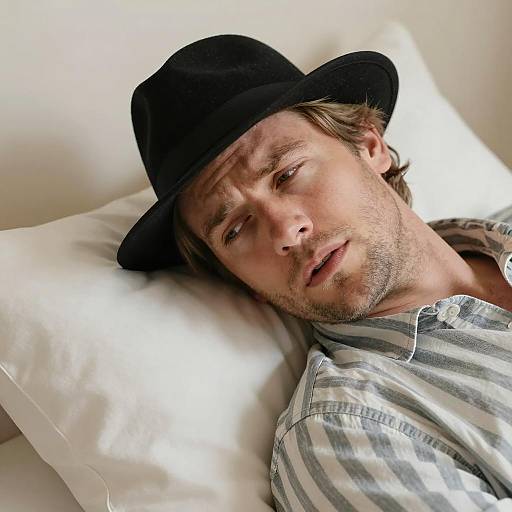 Concerned Man in Fedora on Beige Background