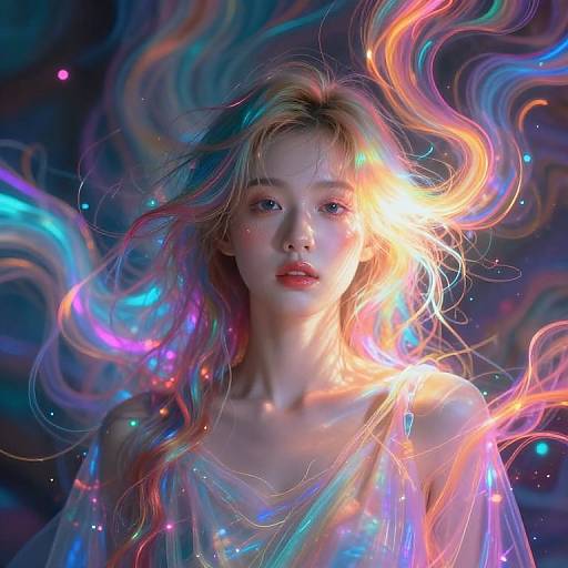Digital portrait of a fair-skinned, ethereal woman with long, flowing, multicolored hair illuminated by glowing, iridescent lights against a