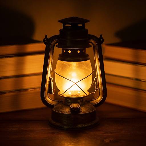 Photograph of a glowing, antique kerosene lantern with a warm yellow light, sitting on a wooden surface, blurred wooden shelves in the background,