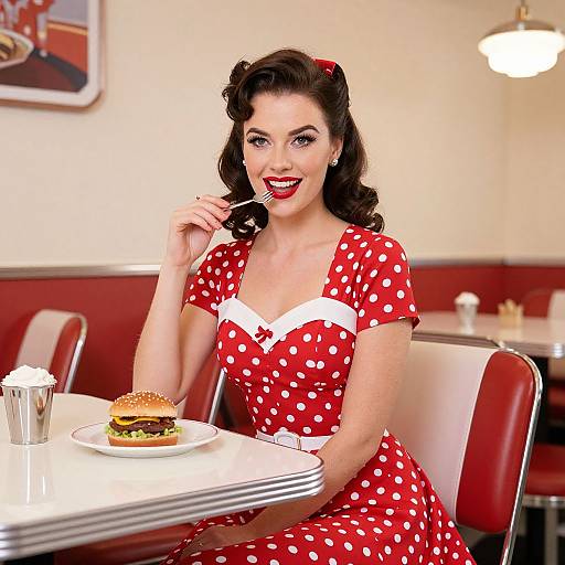 Photograph of a smiling, dark-haired woman in a red polka dot dress with white trim, eating at a retro diner, holding a fork and