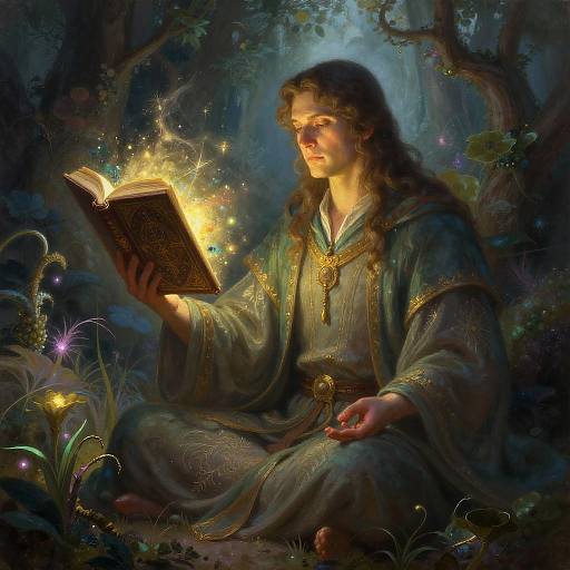 Magical forest illustration: Long-haired, robed man with glowing book, surrounded by enchanted flora and fireflies, sits cross-legged in moonlit woods