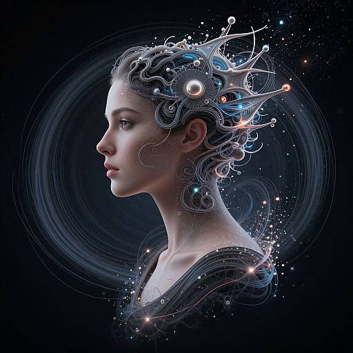 Digital art of a serene, fair-skinned woman with intricate, glowing, futuristic hair against a dark background, surrounded by swirling patterns and star-like lights