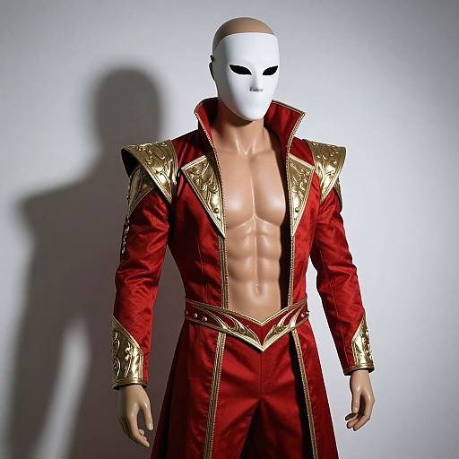 CGI mannequin with bald head, white mask, muscular torso, red and gold ornate robe, standing against white background, casting shadow.