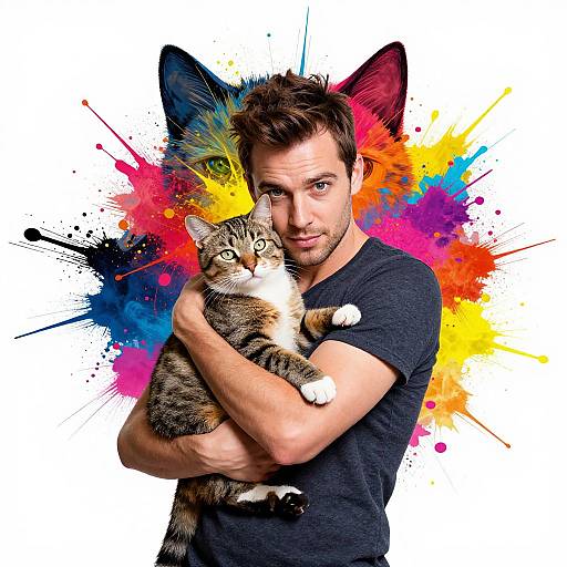 Photograph of a white man with short brown hair, wearing a black t-shirt, holding a gray tabby cat with white paws, against a