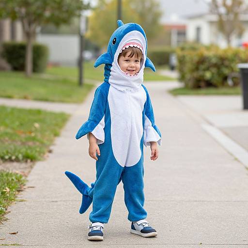 Child in Shark Costume on Sidewalk