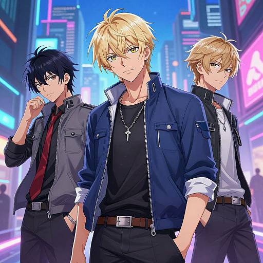 Blond Anime Men in Neon City
