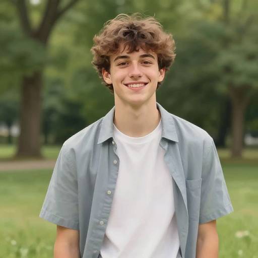 Photograph of a smiling teenage boy with curly brown hair, wearing a light blue short-sleeve shirt over a white t-shirt, in a green