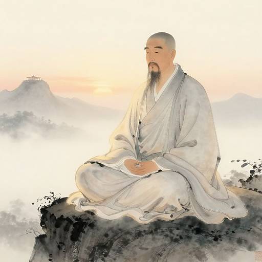 Digital illustration of a bald, bearded monk in white robes, meditating on a misty mountain peak at sunrise.