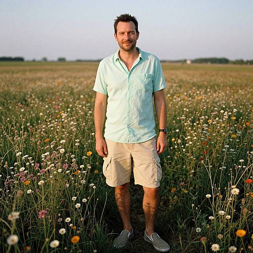 Man in Wildflower Field at Golden Hour