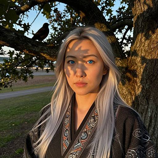 Photograph of a young woman with long platinum blonde hair, blue eyes, and fair skin, wearing a black, intricately patterned kimono,