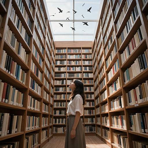 Photograph of a young woman with long dark hair, wearing a white blouse and gray skirt, standing in a library aisle with tall wooden bookshelves