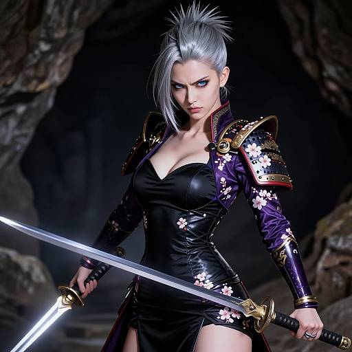 Digital art of a fierce, silver-haired woman with blue eyes, wearing a black leather dress and floral-patterned armor, holding a glowing sword in a