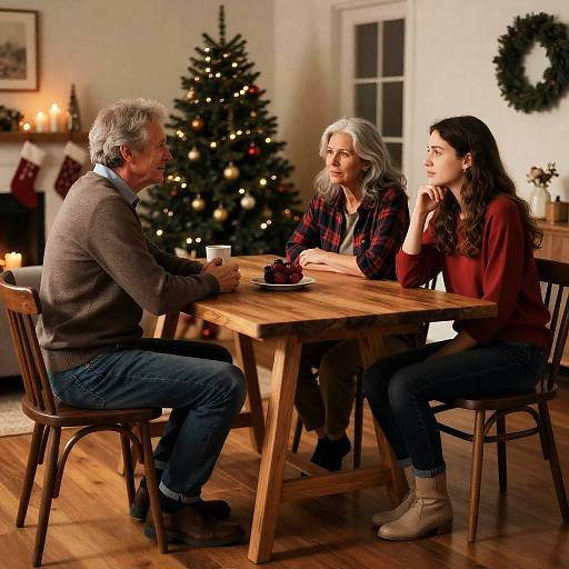 Family Gathering Around Wooden Table at Christmas