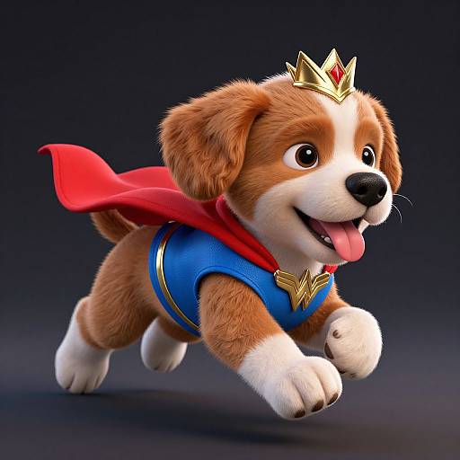 CGI image of an adorable, brown-and-white puppy with a golden crown, red cape, and blue superhero suit, running against a dark background.