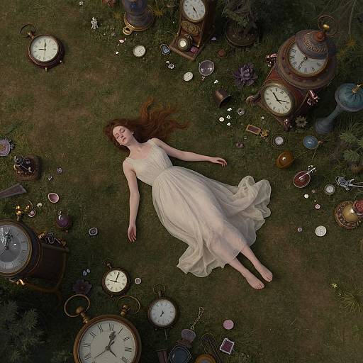 Overhead photo of a woman with long brown hair, wearing a flowing white dress, lying on grass surrounded by antique clocks and clock parts.