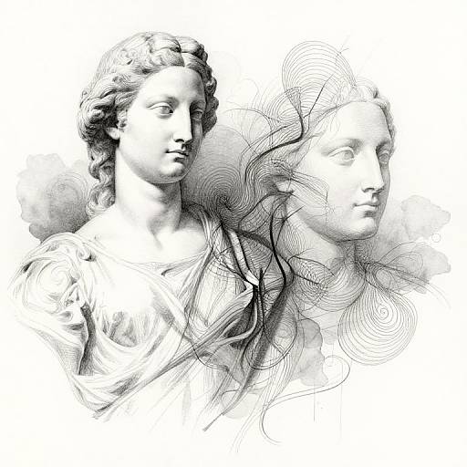 Black-and-white digital artwork of two classical-style female portraits with flowing, intertwined hair and intricate, swirling lines in the background.