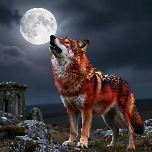 Crimson Wolf Pup Howling at Moon