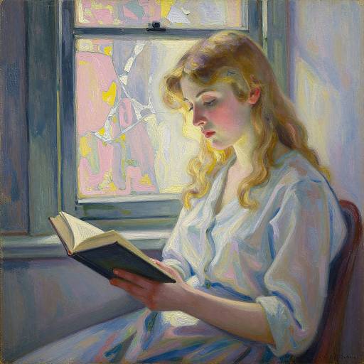 Impressionist painting of a blonde woman with wavy hair, wearing a white blouse, reading a book by a sunlit window.
