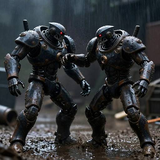 Robotic Duel in Rain-Soaked Urban Setting