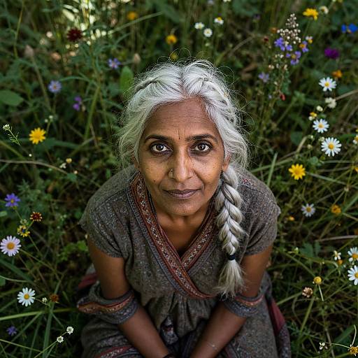Photograph of an elderly Indian woman with white braided hair, dark brown skin, and deep brown eyes, kneeling in a vibrant, wildflower-filled