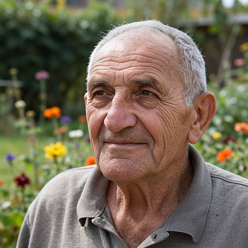 Photograph of an elderly man with wrinkled skin, gray hair, and a subtle smile, wearing a gray polo shirt, standing in a colorful garden