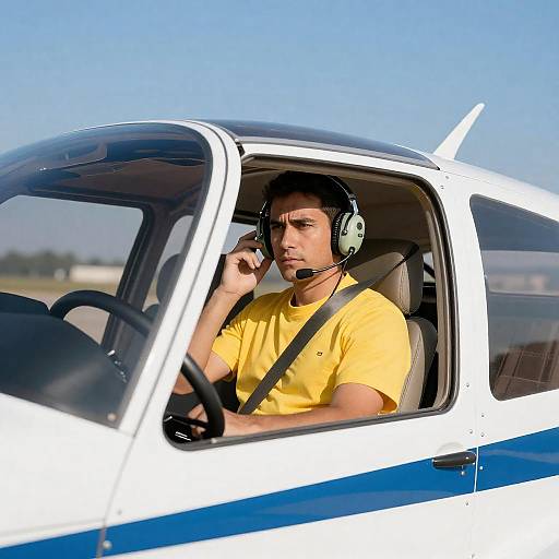 Pilot with Headset in Small Aircraft