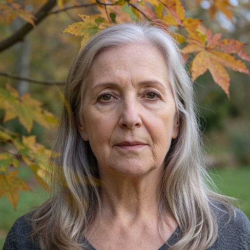 Photograph of an elderly woman with silver hair, fair skin, and gentle expression, standing against a background of autumn leaves.