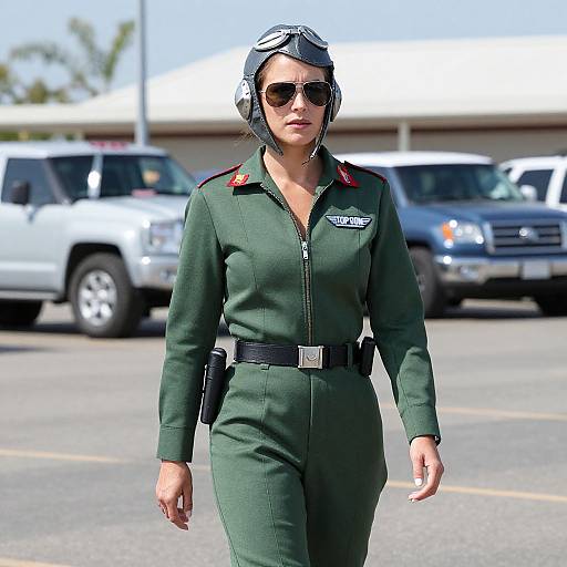 Photograph of a woman in a green jumpsuit, black belt, and helmet, with sunglasses, walking in a parking lot with SUVs in the